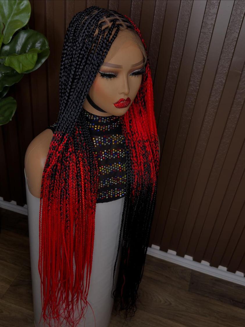 Red and black knotless  braided wig